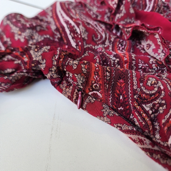 Express Red Paisley 100% silk Ruffle neck Flounch Sleeves Cinch Waist Dress 1/ 2 - Picture 13 of 14
